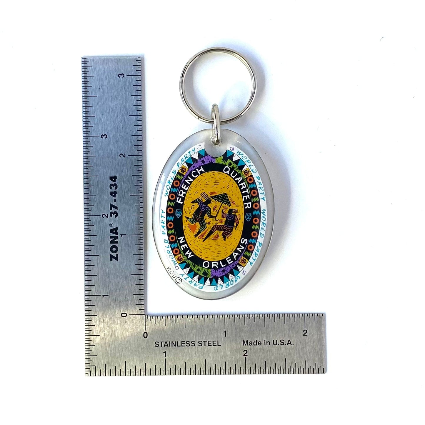 “French Quarter New Orleans World Party” Travel Souvenir Keychain Key Ring Oval Clear Acrylic