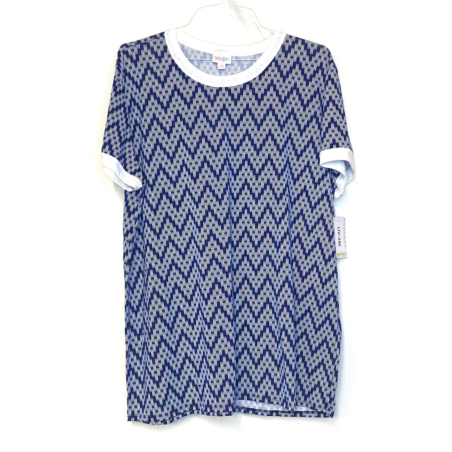 LuLaRoe | Liv T | 3XL (26-28) | Blue/White | Geometric | Cap Sleeves | NWT