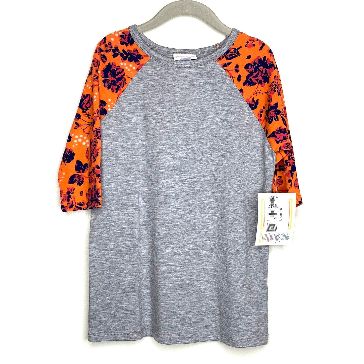 LuLaRoe Kids Unisex 6 Orange/Blue/Gray Sloan Heather/Floral Raglan T-Shirt 3/4 Sleeves NWT