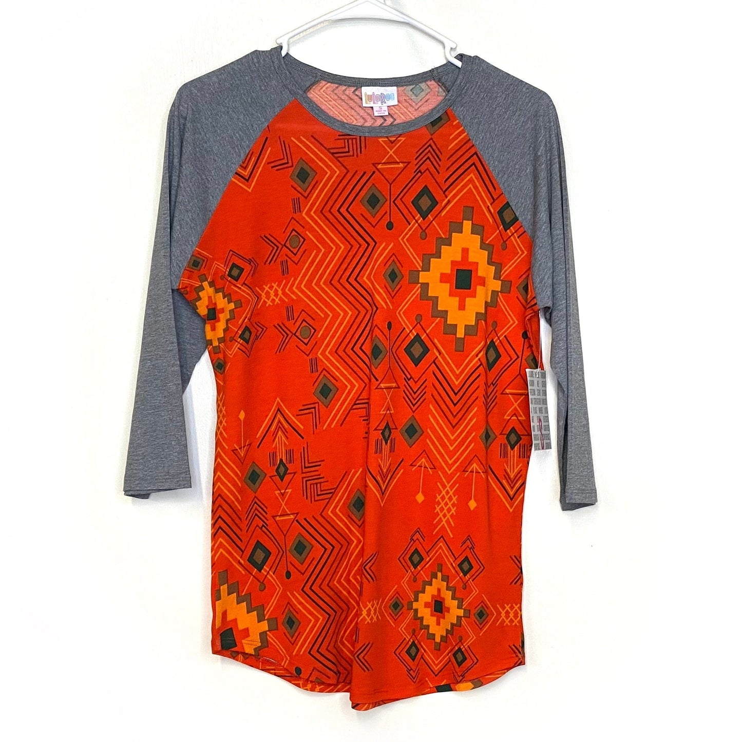 LuLaRoe Unisex S Orange/Gray Randy Chevron/Geometric Raglan T-Shirt ¾ Sleeves NWT