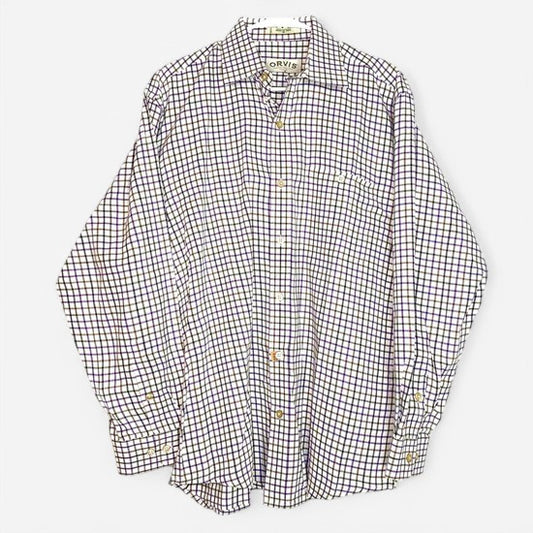 Orvis Men's Size M White, Brown, and Purple Box Check Long Sleeve Dress Shirt