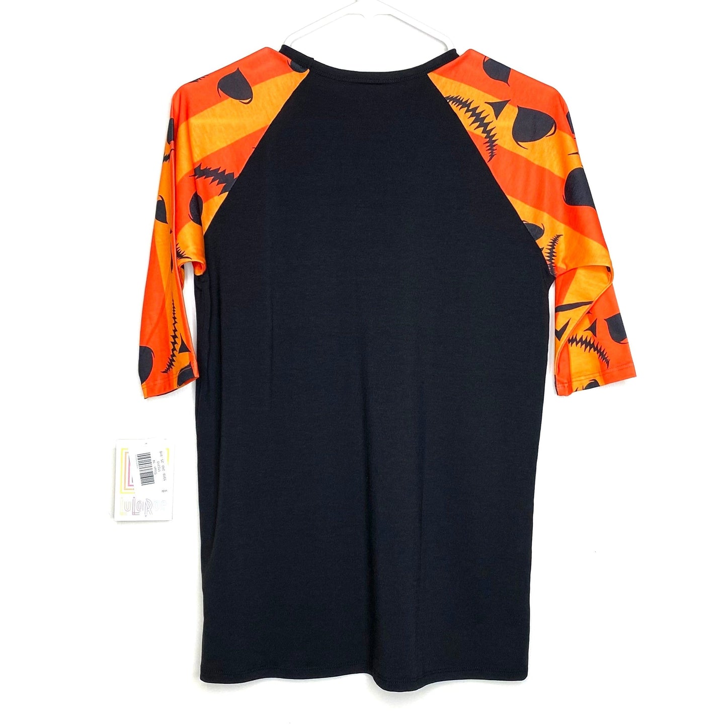 LuLaRoe Kids Unisex 14 Orange/Black Sloan Jack-O-Lanterns Raglan T-Shirt 3/4 Sleeves NWT