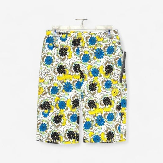 Peck & Peck Women's Retro Yellow and Blue Floral Stretch City Shorts - Size 2