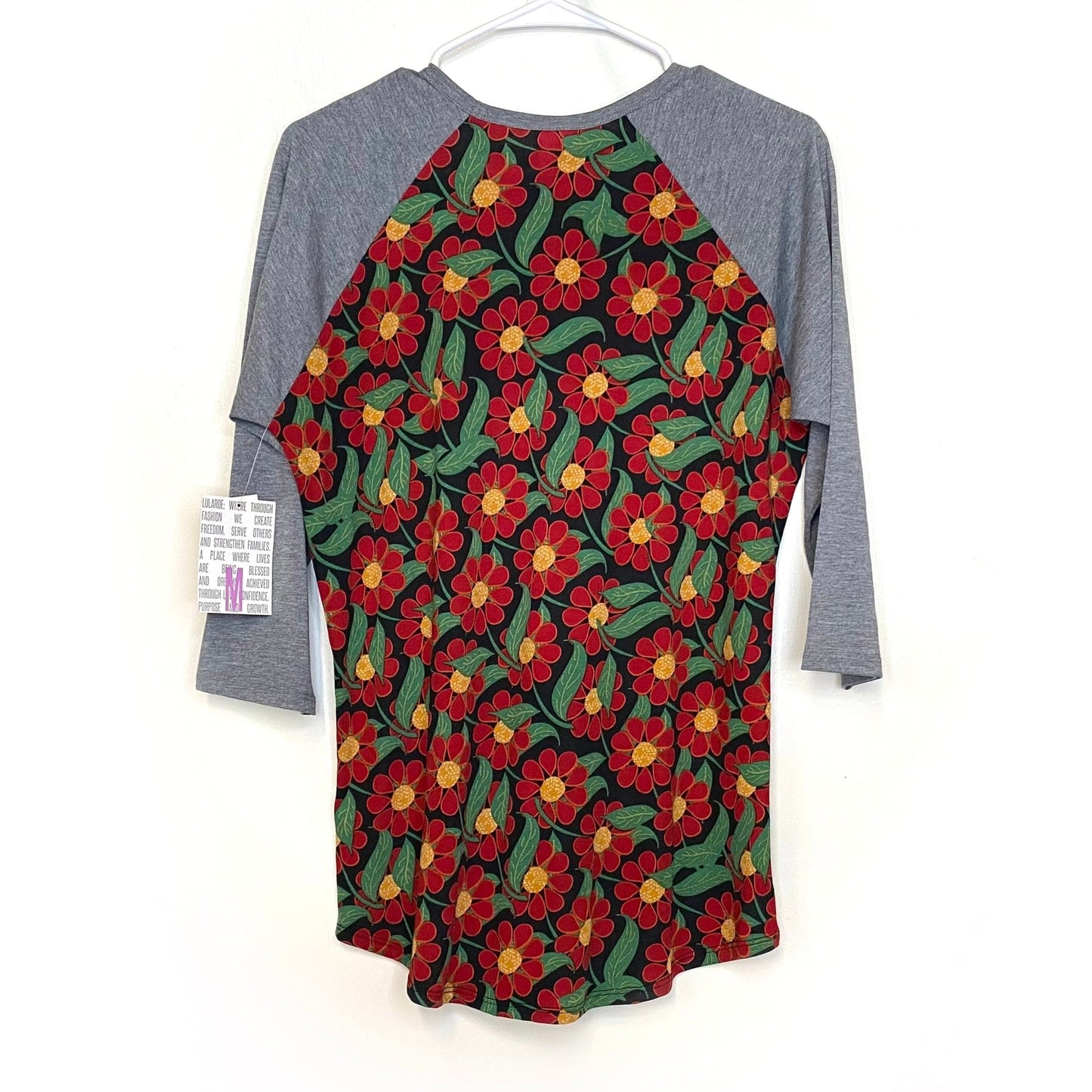 LuLaRoe Unisex M Gray/Green/Red Randy Floral Raglan T-Shirt ¾ Sleeves NWT