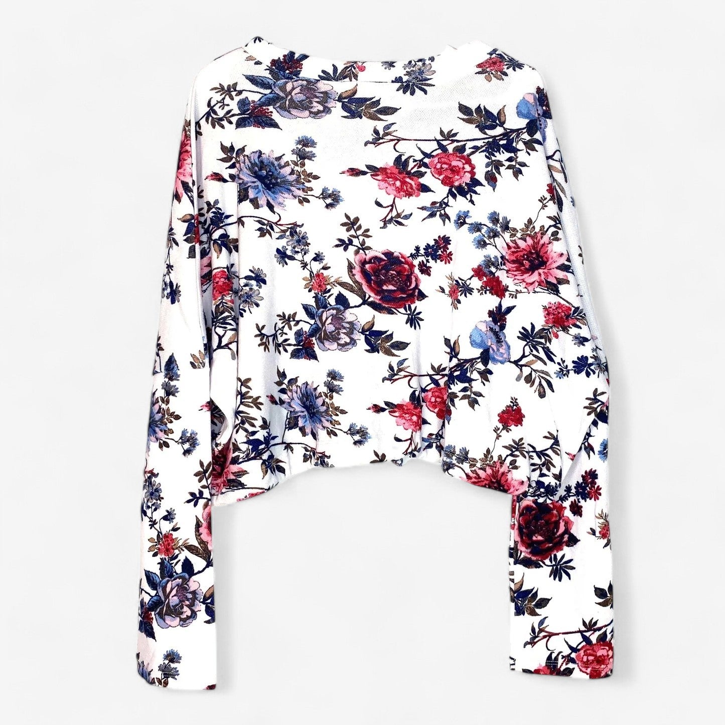 Liberty Love Women's White Floral Print Crop Sweater - Long Sleeve Drawstring Waist - Size M