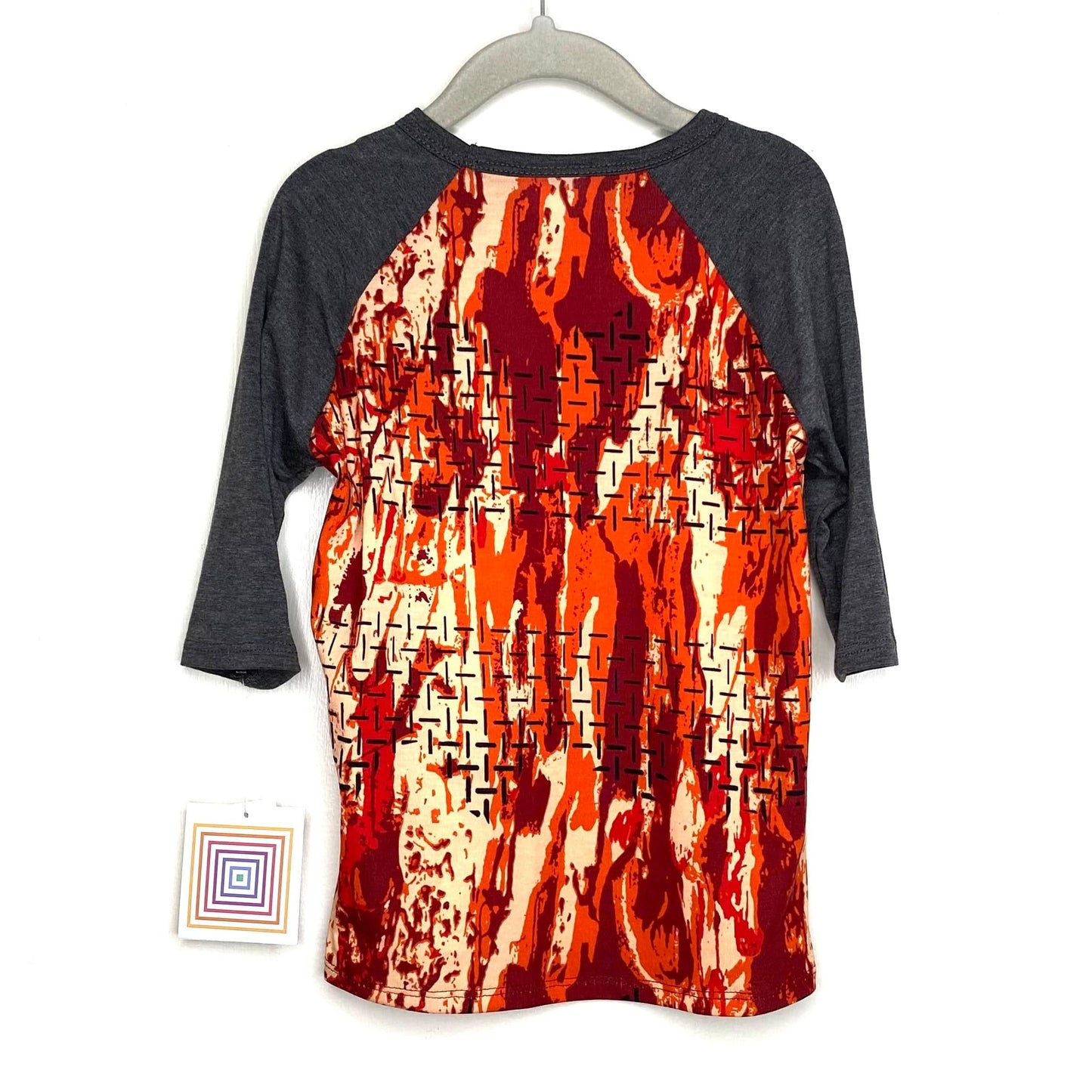 LuLaRoe Kids Unisex 4 Gray/Orange/Red Sloan Abstract Raglan T-Shirt 3/4 Sleeves NWT