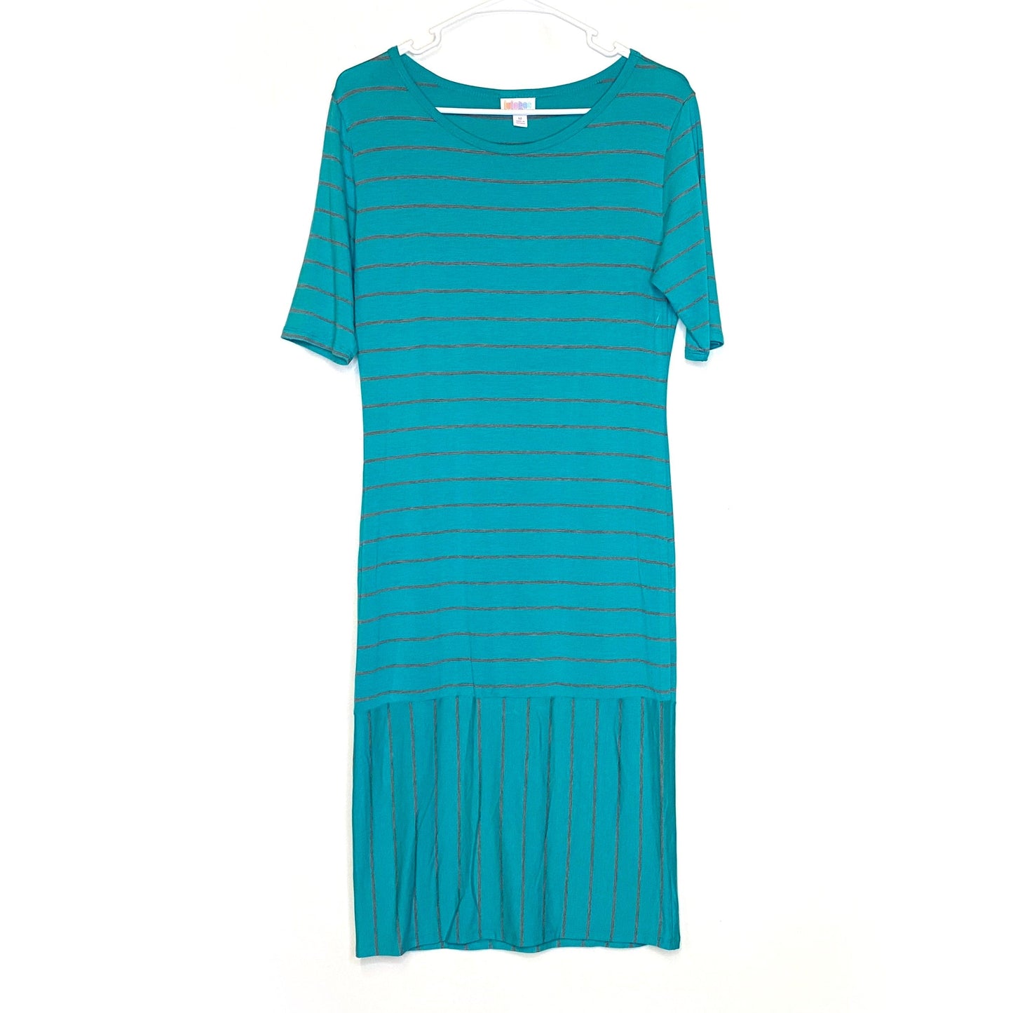 LuLaRoe Womens M Gray Striped Green Julia Shift Dress Scoop Neck ½ Sleeves NEW