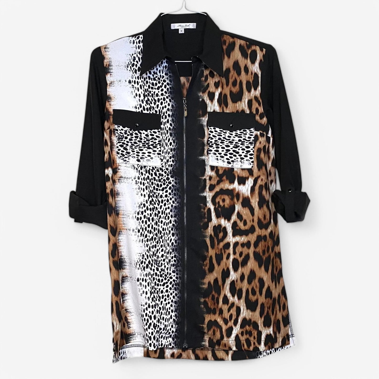 Mona Leak Couture Women's Animal Print Zip-Up Shirt - Size M - Multicolor 3/4 Sleeve