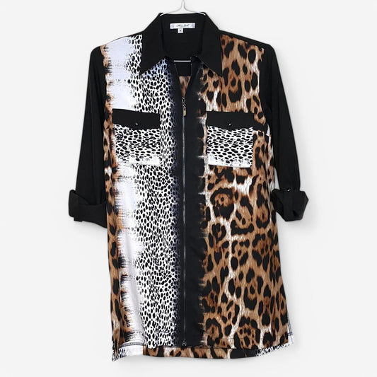 Mona Leak Couture Women's Animal Print Zip-Up Shirt - Size M - Multicolor 3/4 Sleeve