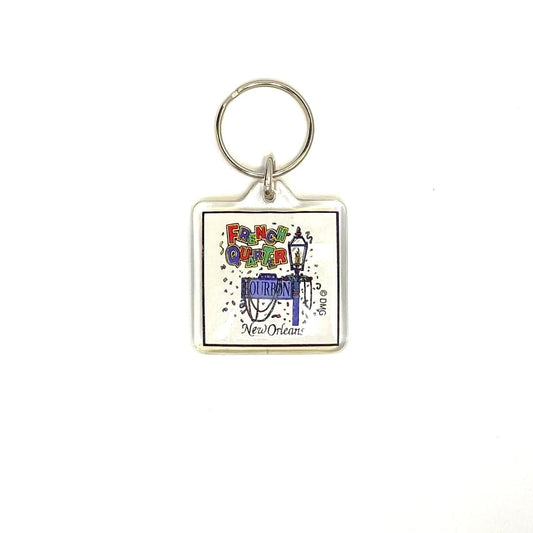 “French Quarter New Orleans Bourbon St.” Travel Souvenir Keychain Key Ring Square Clear Acrylic