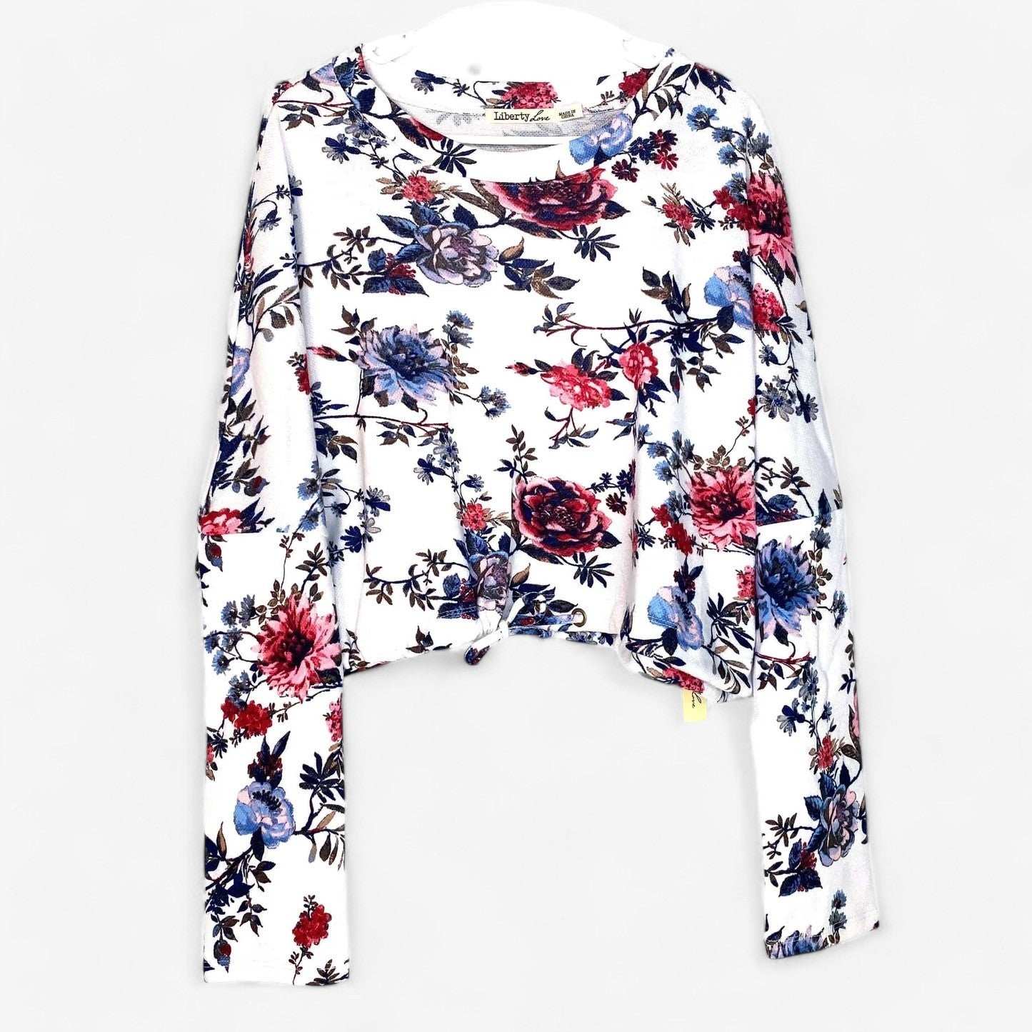 Liberty Love Women's White Floral Print Long Sleeve Crop Top - Drawstring Waist - Size L