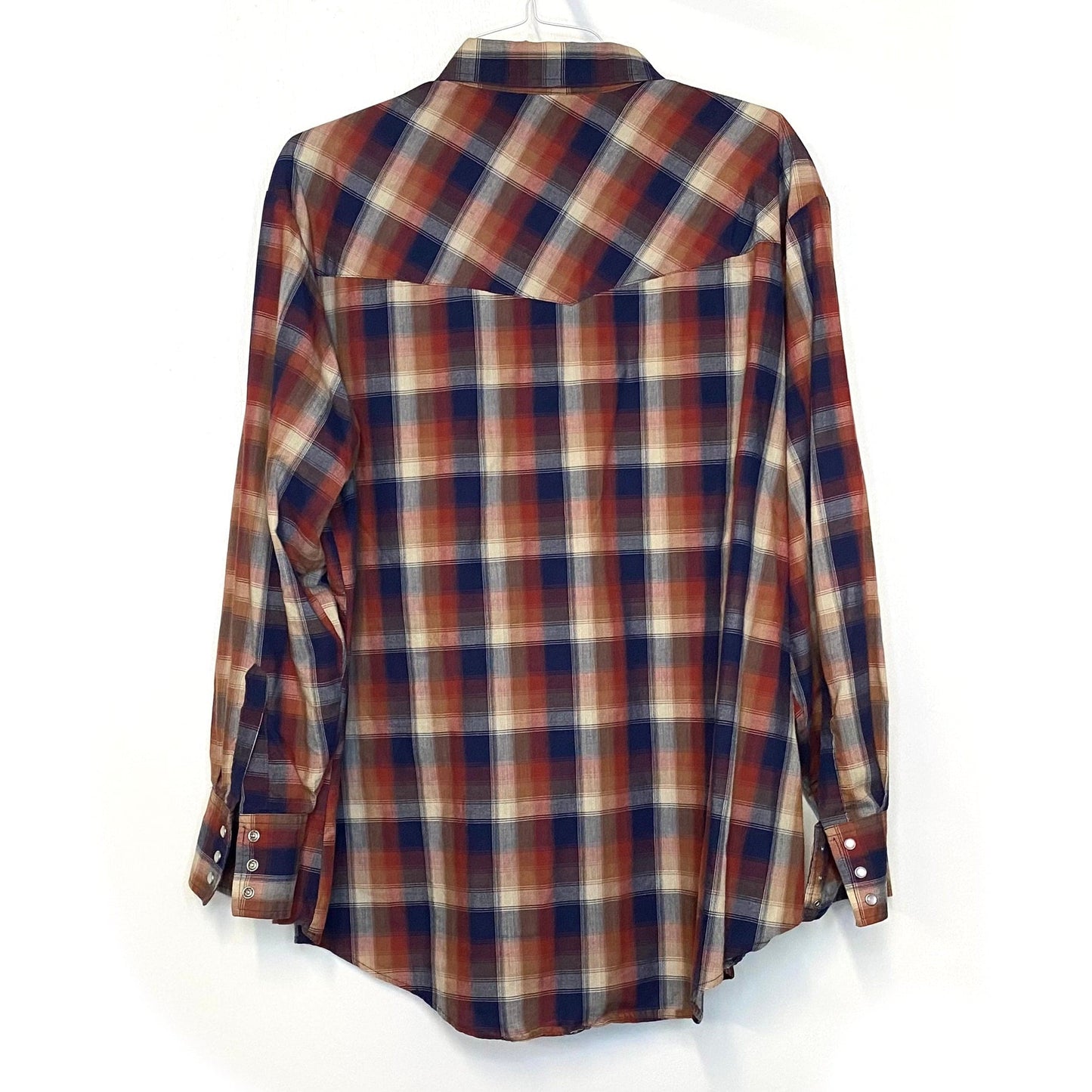 Vintage Ely Cattleman Mens Size XXL Orange Blue Plaid Shirt Western Pearl Snap-Up L/s