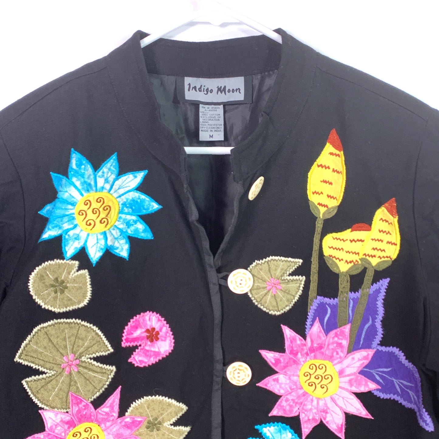 Eye-Catching Indigo Moon Womens Embroidered & Embellished Button-Up Jacket Size Medium Floral Black