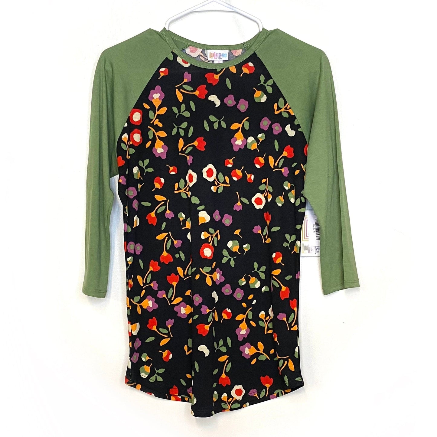 LuLaRoe Unisex S Green/Black Randy Floral Raglan T-Shirt ¾ Sleeves NWT
