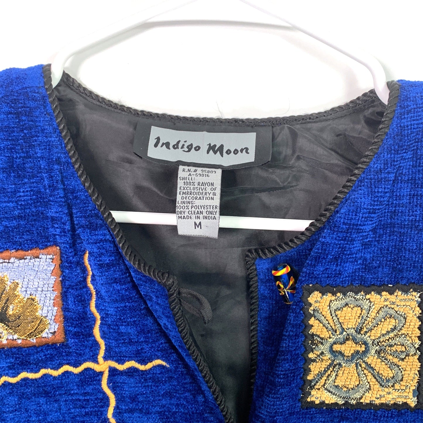 Vibrant Indigo Moon Womens Embroidered & Embellished Button-Up Jacket Size Medium Blue