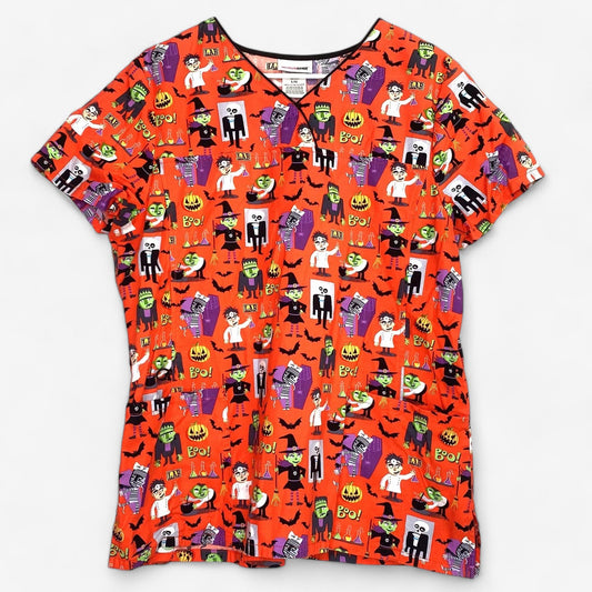 ScrubStar Women's Orange Halloween Scrub Top - Size L, Short Sleeve