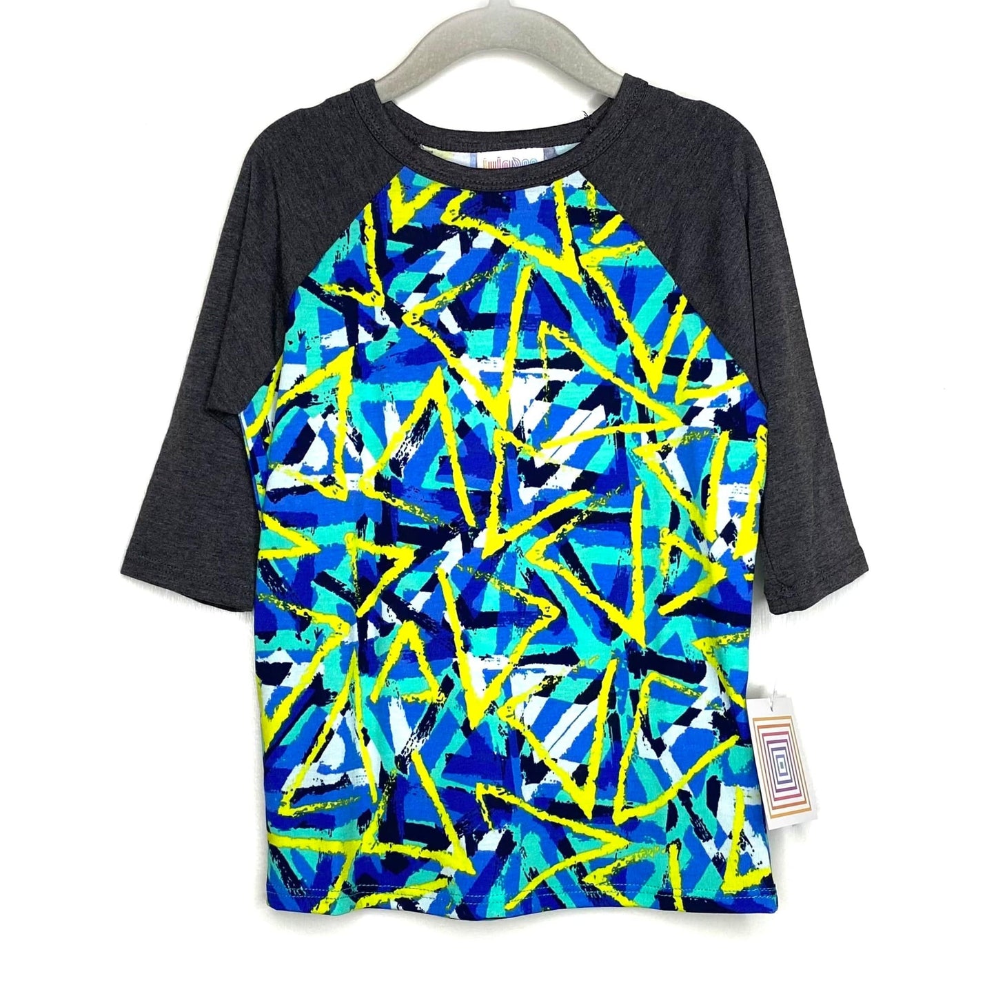 LuLaRoe Kids Unisex 4 Gray/Blue/Green Sloan Abstract Raglan T-Shirt 3/4 Sleeves NWT