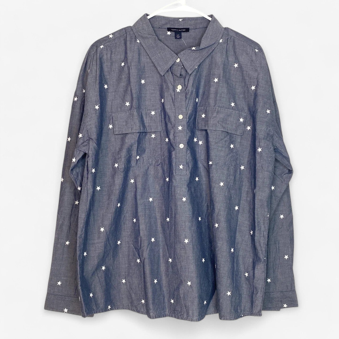 Tommy Hilfiger Women's Blue Star-Patterned Long Sleeve Button-Up Shirt - Size L