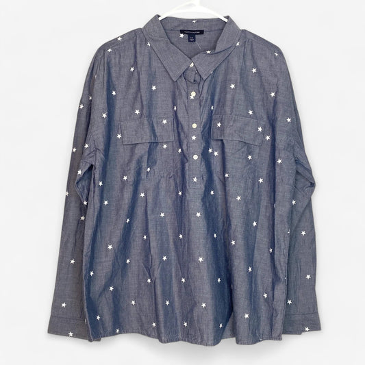 Tommy Hilfiger Women's Blue Star-Patterned Long Sleeve Button-Up Shirt - Size L