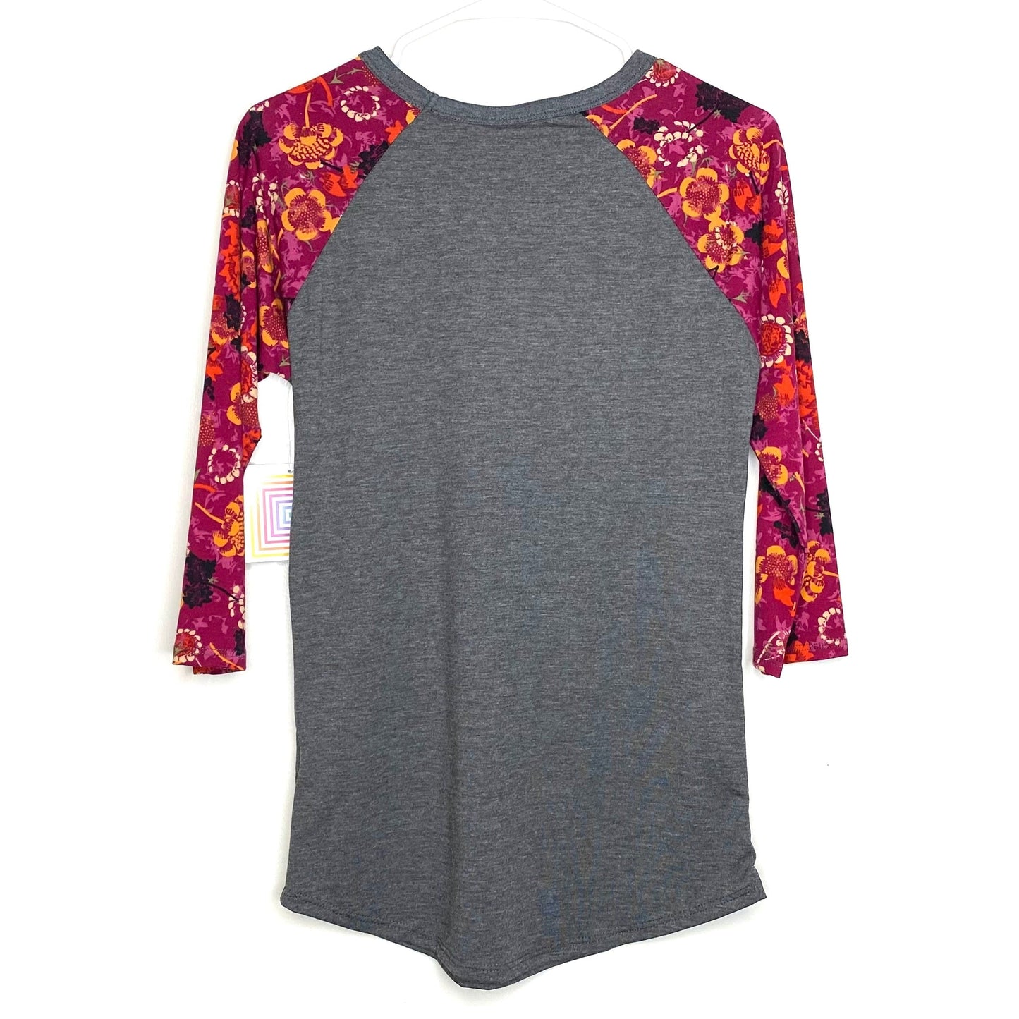 LuLaRoe Unisex XS Purple/Orange/Gray Randy Heather/Floral Raglan T-Shirt ¾ Sleeves NWT