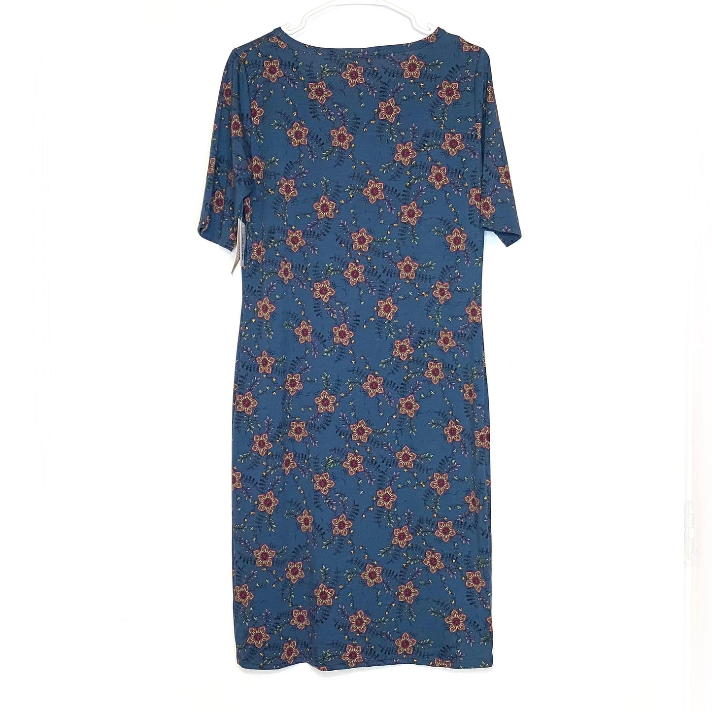 LuLaRoe Womens L Aegean Blue Floral Julia Shift Dress Scoop Neck ½ Sleeves NWT