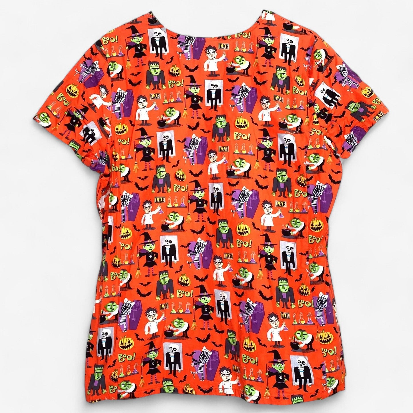 ScrubStar Women's Orange Halloween Scrub Top - Size L, Short Sleeve