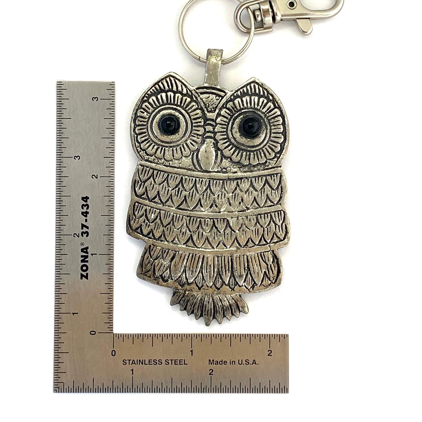 Metal Owl Keychain Large Pendant Charm Key Ring Silvertone