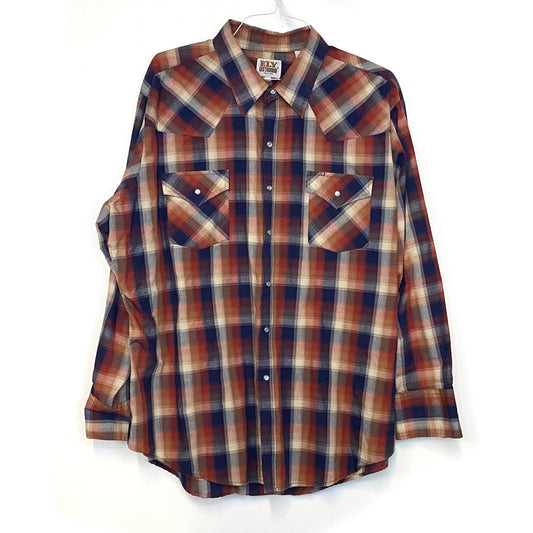 Vintage Ely Cattleman Men's Orange and Blue Plaid Western Pearl Snap Shirt - Size XXL - Long Sleeve
