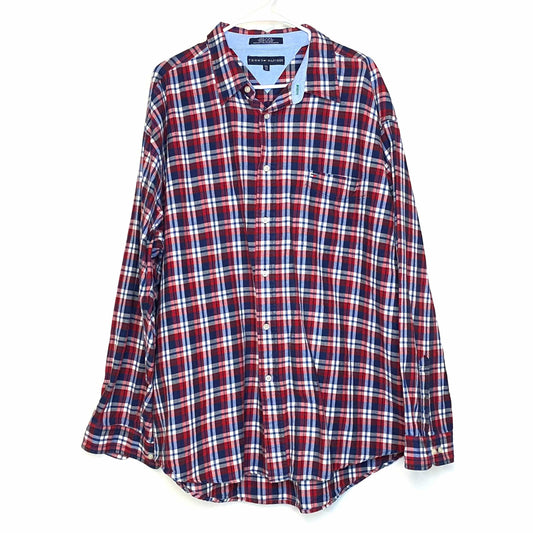 TOMMY HILFIGER Mens Size XXL Red White Blue Flannel Button-Up Shirt L/s Pre-Owned