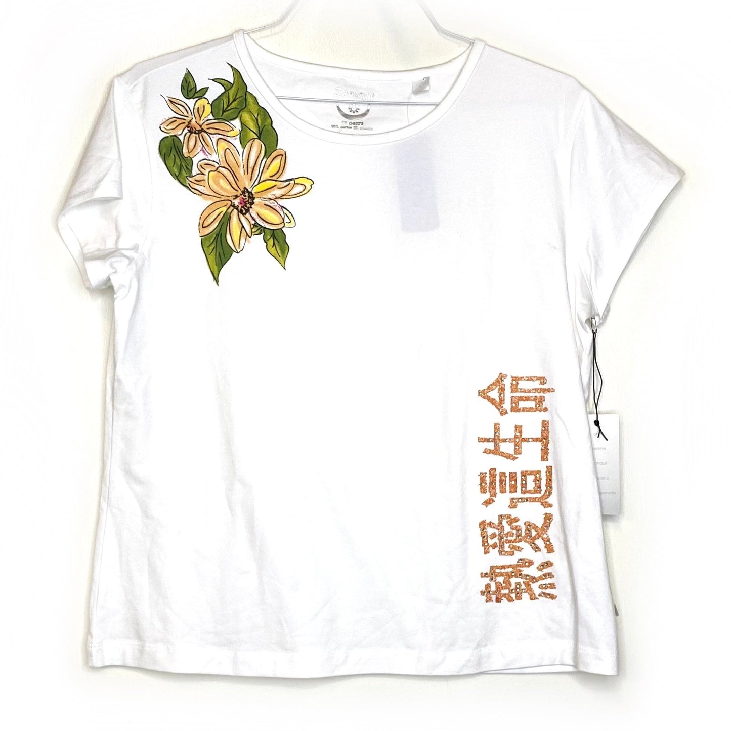 Zenergy Chicos Womens Short Sleeve Top Size 3, White - ‘Asian Bloom Osaka’ - NWT