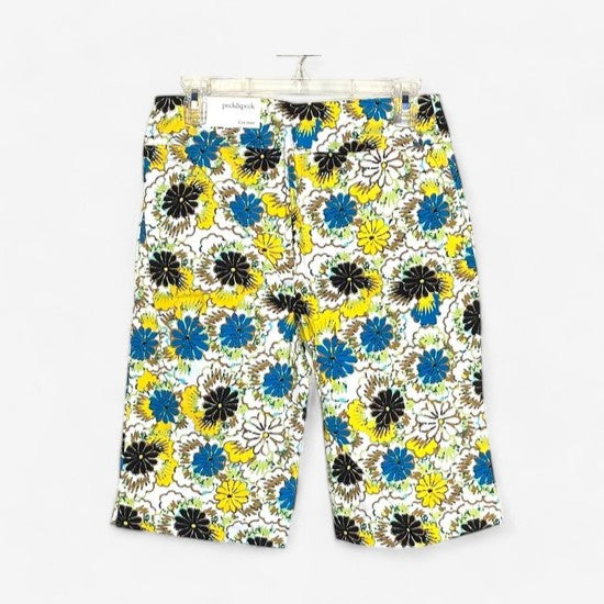 Peck & Peck Women's Retro Yellow and Blue Floral Stretch City Shorts - Size 6