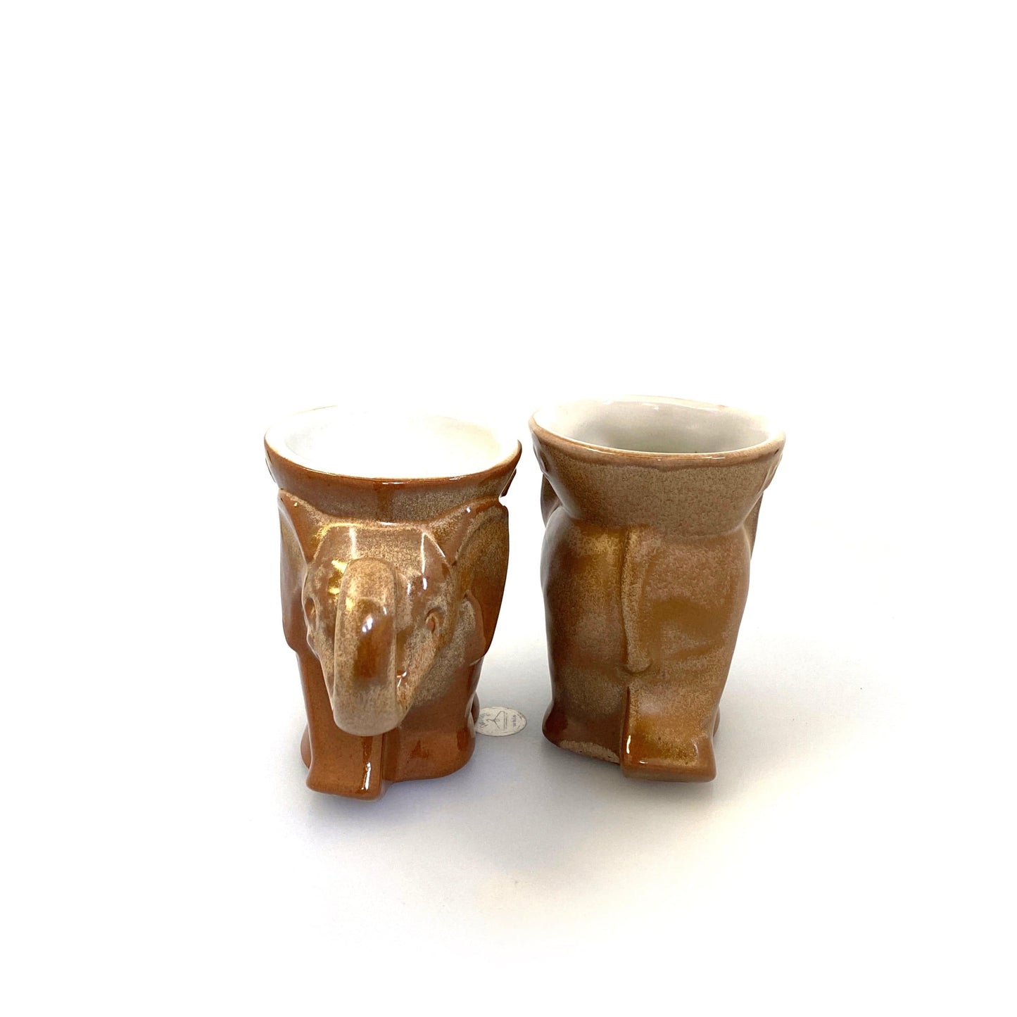 Vintage Frankoma 1979 Republican GOP Elephant Mugs Coffee Cups, Brown Drip Glaze Set of 2 NOS