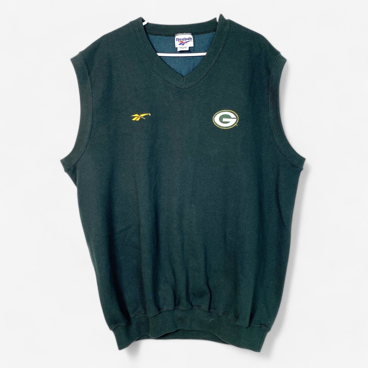 Vintage Reebok Green Bay Packers V-Neck Sweater Vest - Embroidered Logo - Size XL - Made in USA