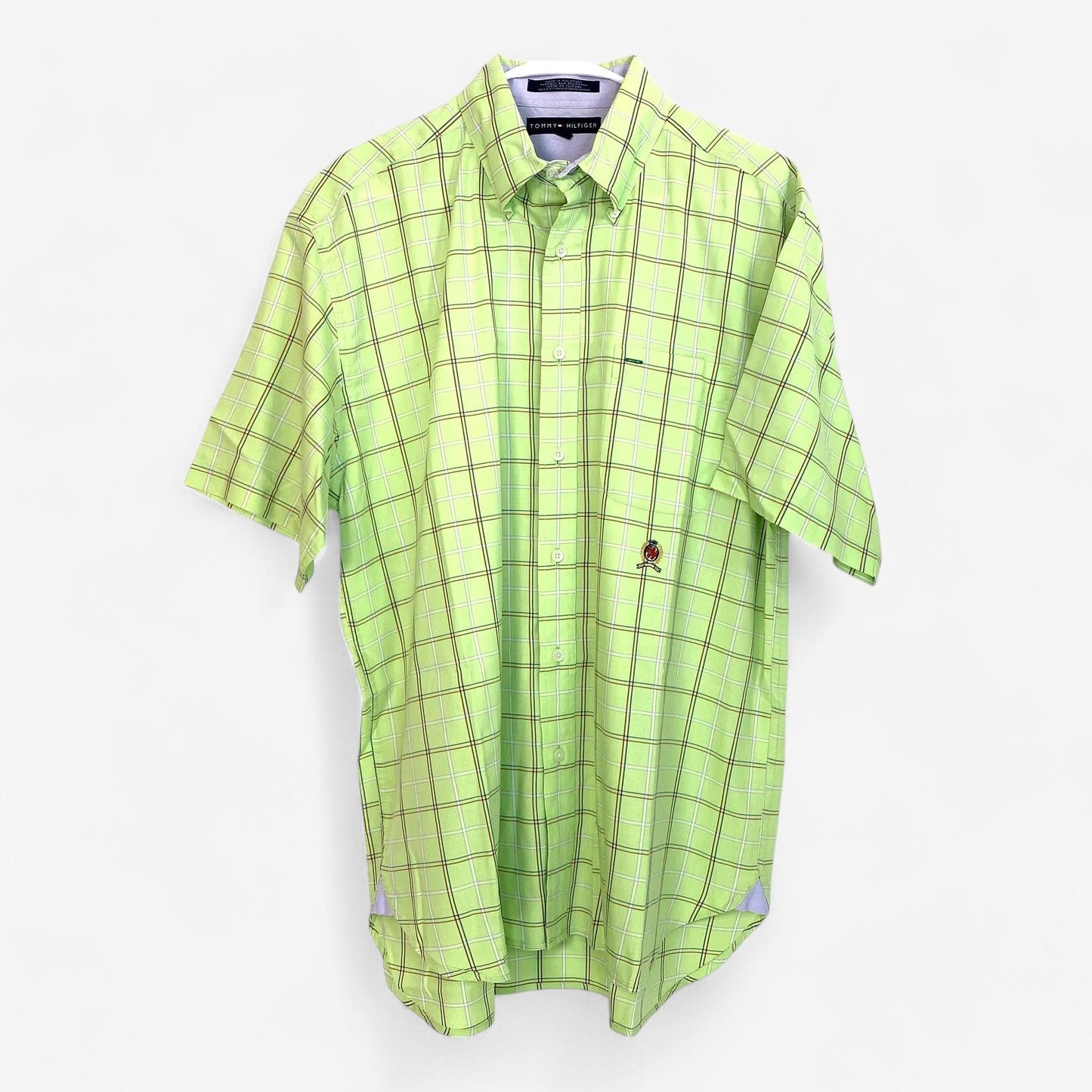 Tommy Hilfiger Men's Green Plaid Short Sleeve Button-Down Shirt - Size L - 100% Cotton