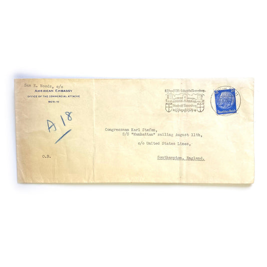1939 US Postage Stamp & Envelope American Embassy - Congressman Karl Stefan