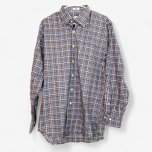 Men's Blue, White, and Brown Plaid Long Sleeve Button-Up Shirt - Size M - Peter Millar