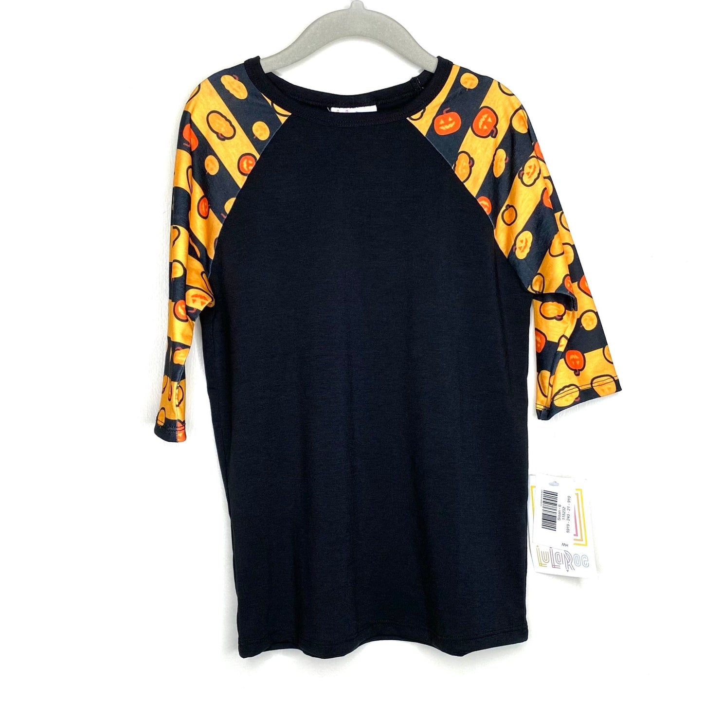 LuLaRoe Kids Unisex 6 Orange/Black Sloan Pumpkins/Striped Raglan T-Shirt 3/4 Sleeves NWT