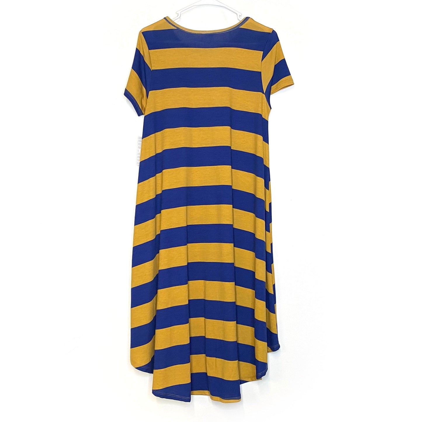 LuLaRoe Womens XS Merigold Yellow/Blue Carly Striped Swing S/s NWT