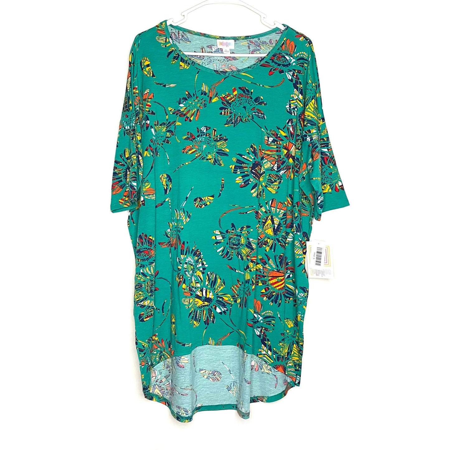 LuLaRoe Womens Size L Irma Green Feathers/Floral T-Shirt S/s NWT