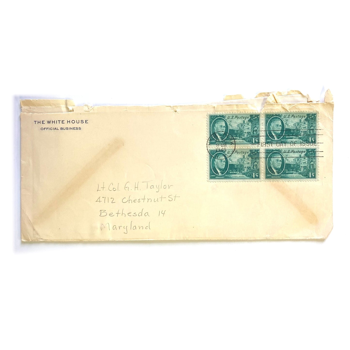 Vintage Envelope Letter The White House Office Business - “Lt. Col GH Taylor” 1945