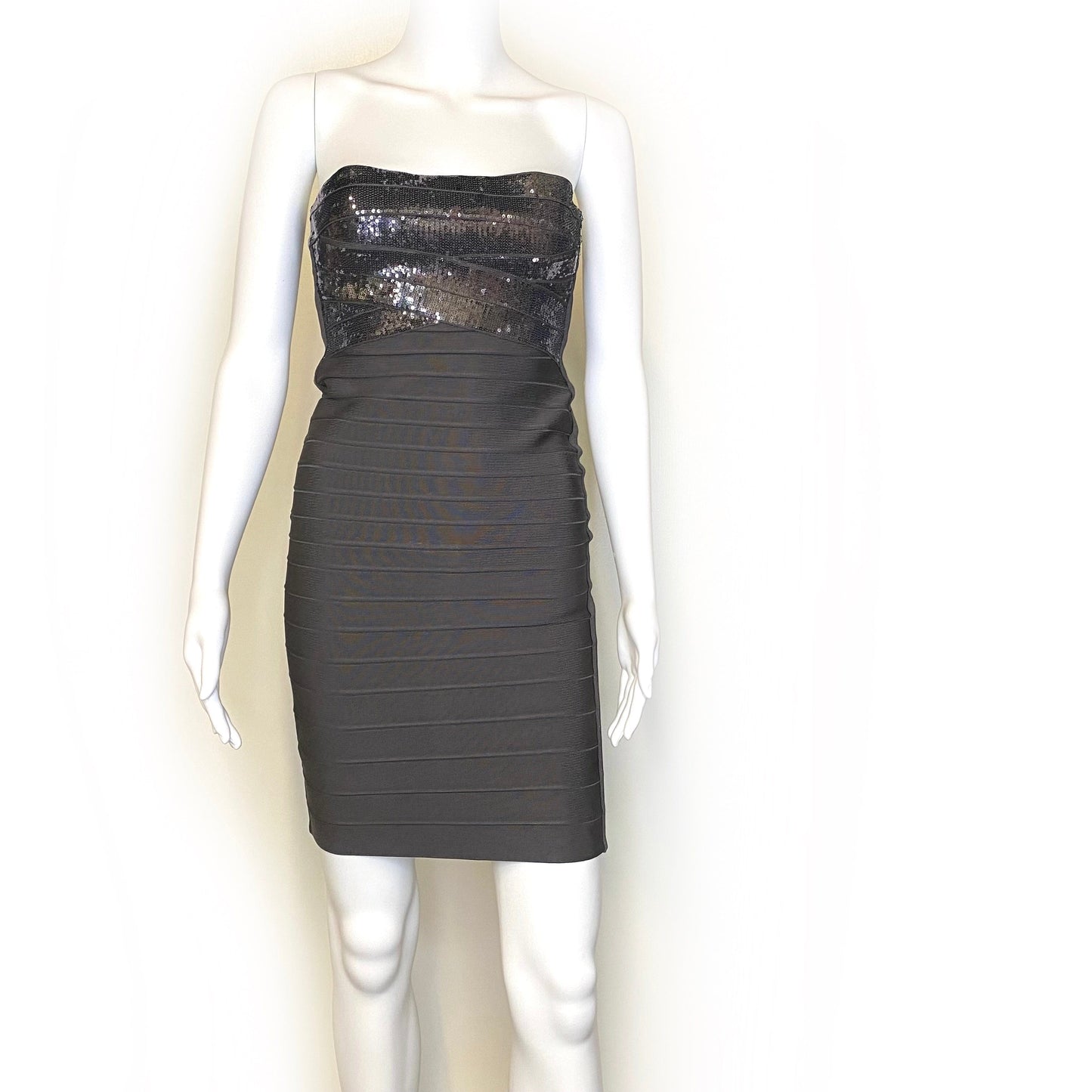 Herve Leger Gray Strapless Simone Sequined Dress, Size S - Shadow Gray NWT