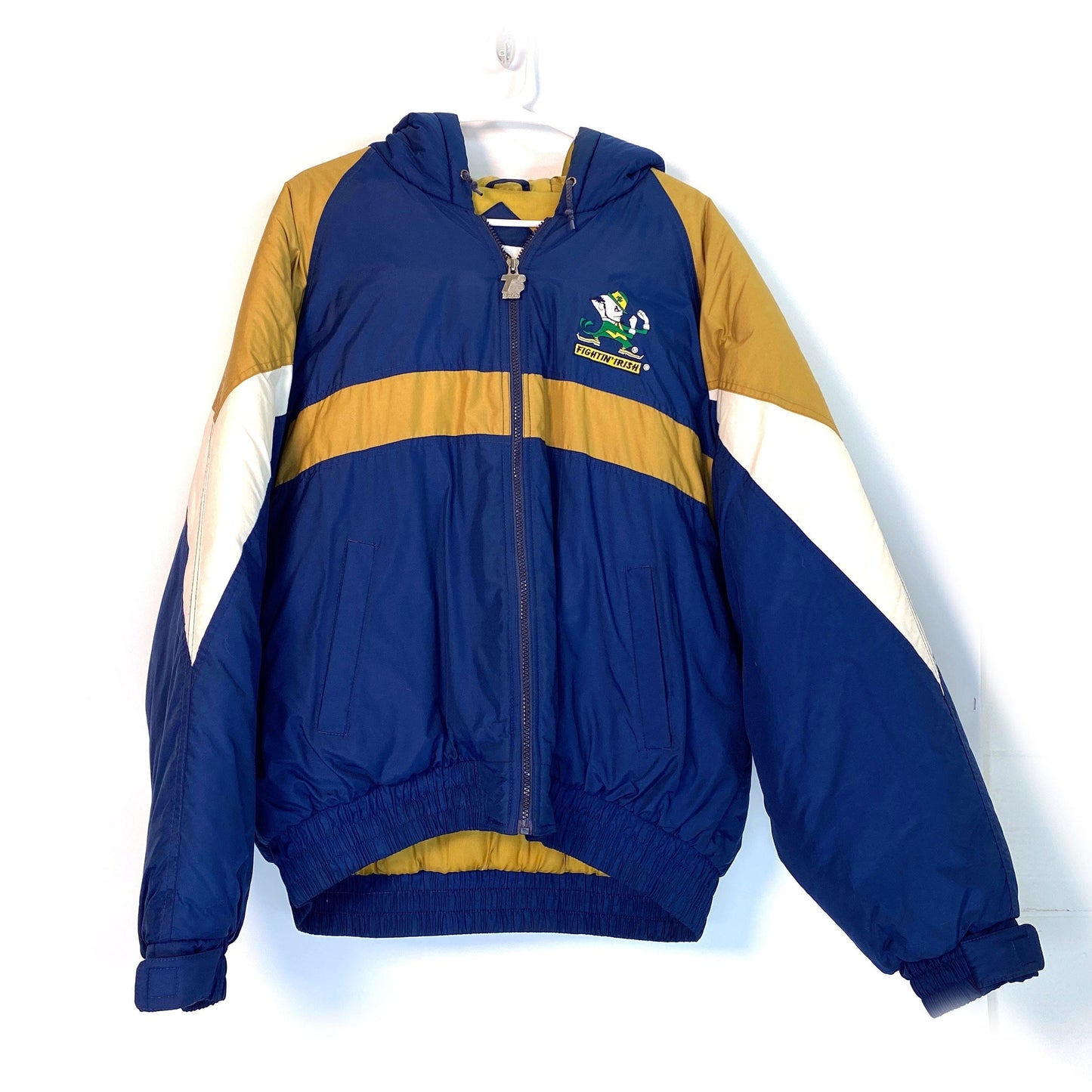 Phenom | Notre Dame “Fighting Irish” | Hooded Stadium Jacket | Size: L | Blue/Gold | EUC | Vintage