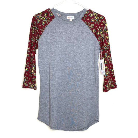 LuLaRoe Unisex XXS Red/Gray Randy Heather/Floral Raglan T-Shirt ¾ Sleeves NWT