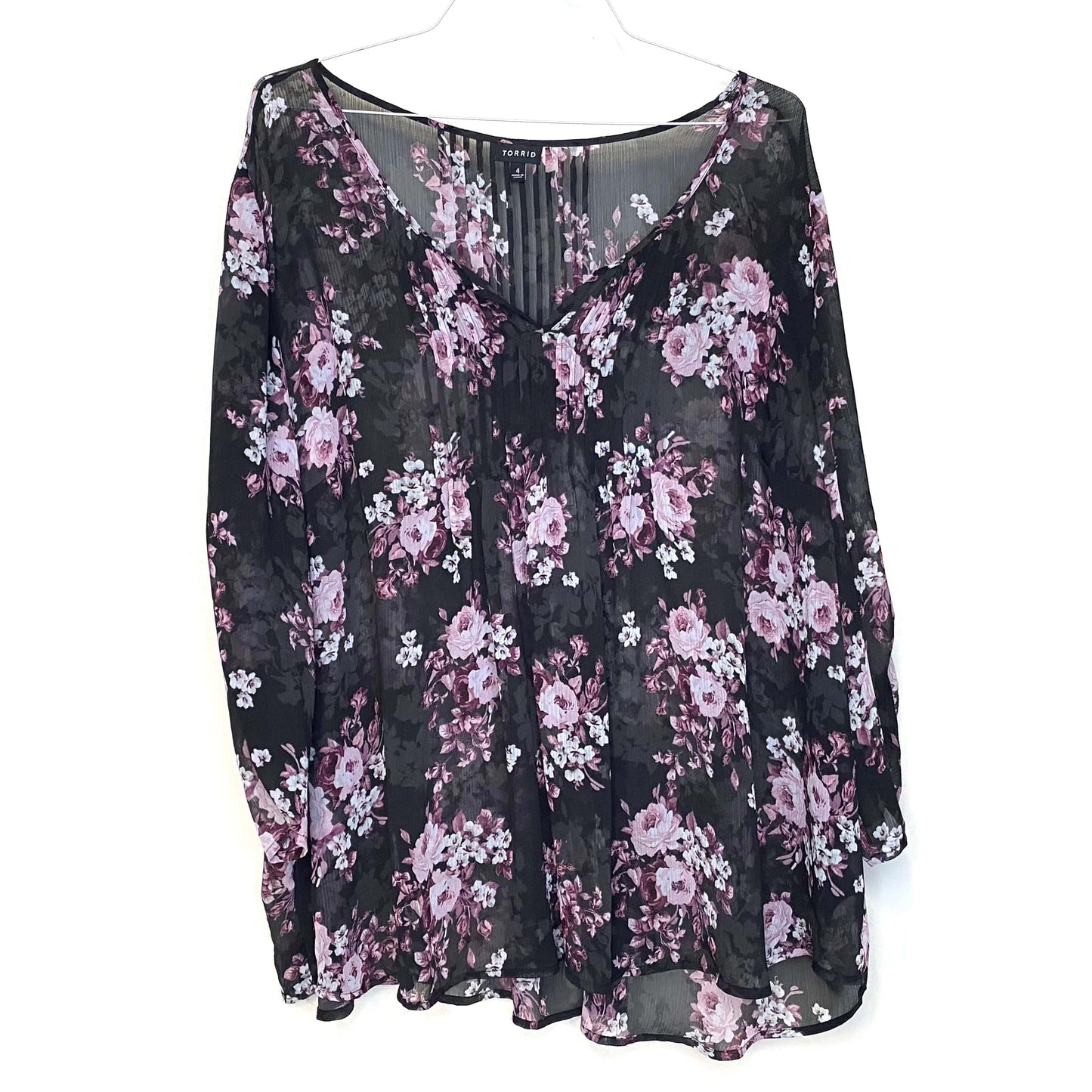 Torrid Womens Size 4 Black Floral Blouse Top Shirt L/s Lightweight Pre-Owned