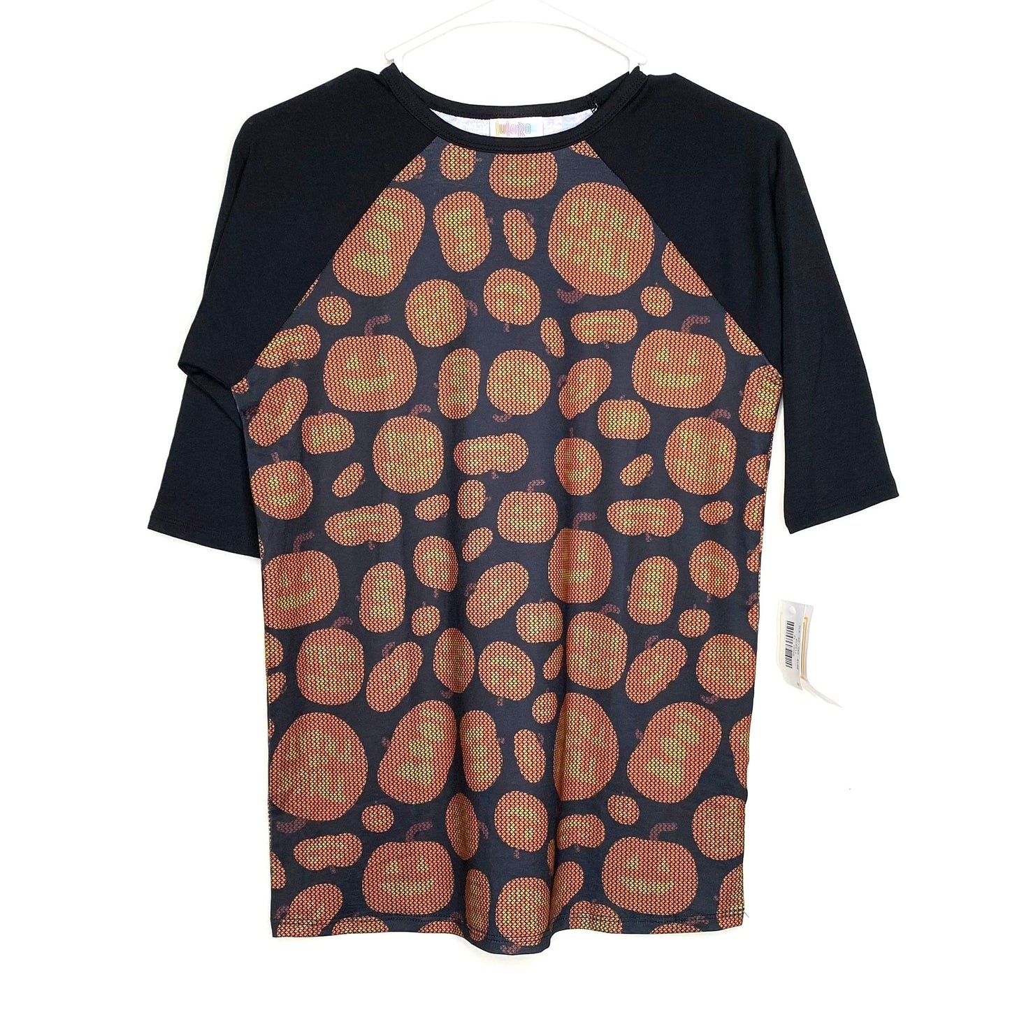 LuLaRoe Kids Unisex 12 Orange/Black Sloan Jack-O-Lanterns Raglan T-Shirt 3/4 Sleeves NWT