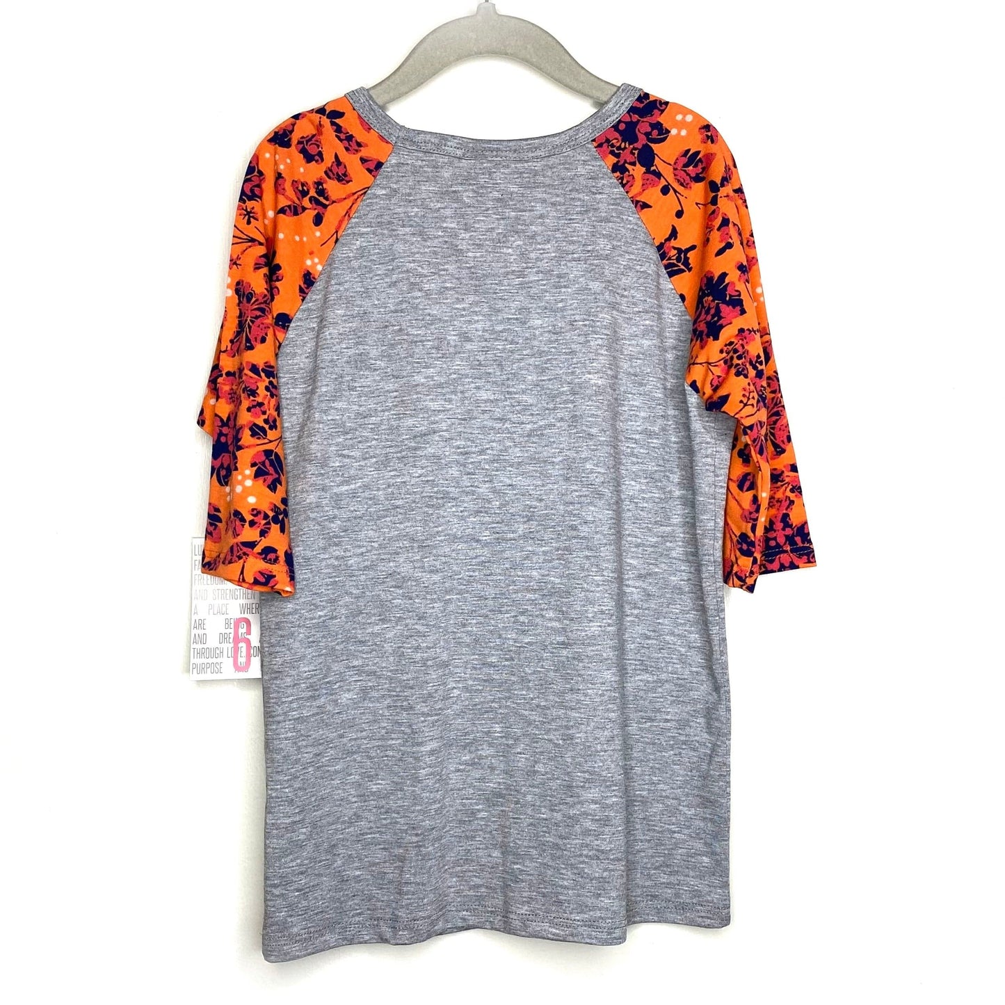LuLaRoe Kids Unisex 6 Orange/Blue/Gray Sloan Heather/Floral Raglan T-Shirt 3/4 Sleeves NWT