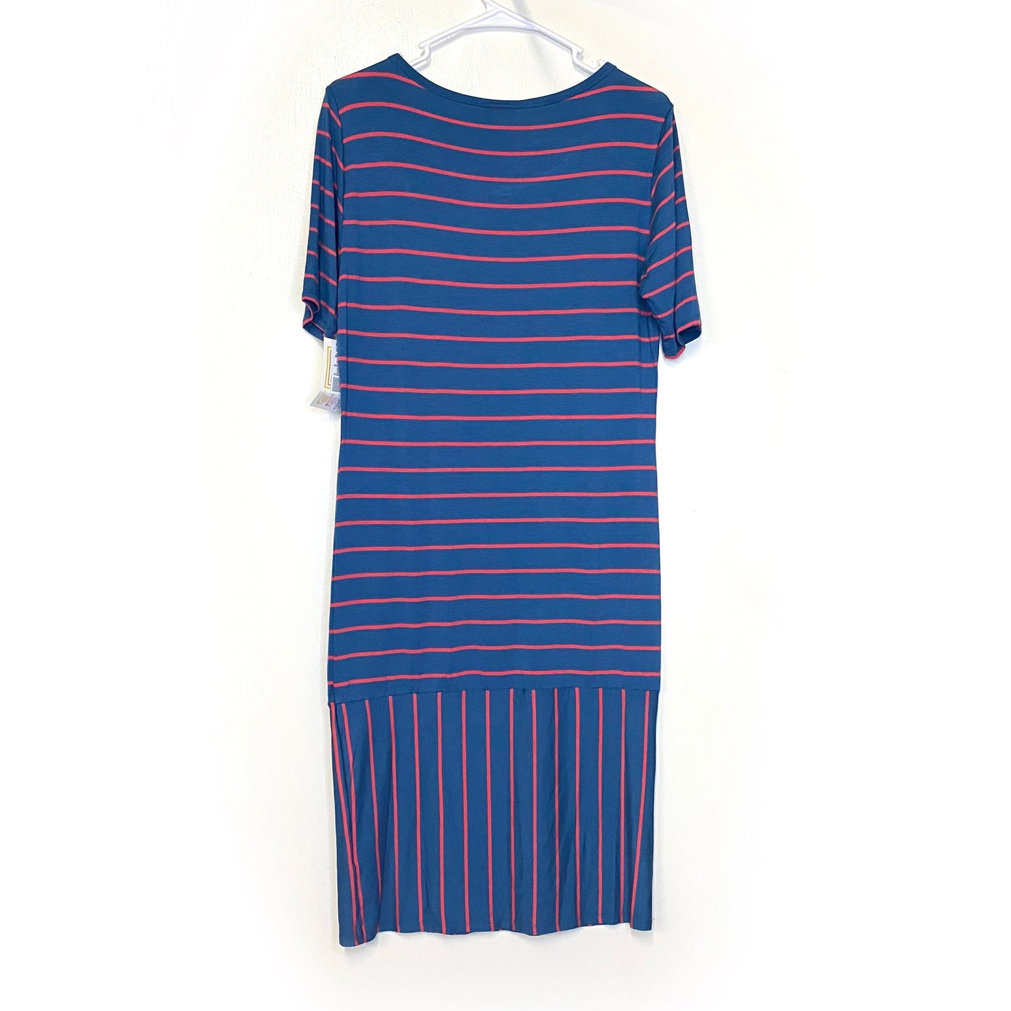 LuLaRoe Womens Size L Blue/Red Striped Print Julia Dress Scoop Neck ½ Sleeves S/s