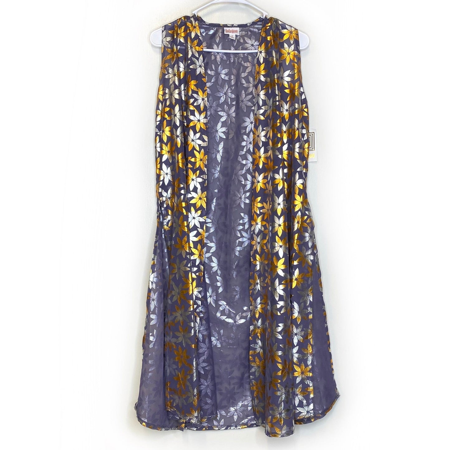 LuLaRoe Womens Size S ELEGANT Purple/Gold/Silver Joy Floral Duster Vest Sleeveless NWT