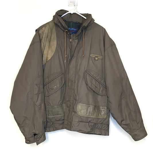 Vintage Members Only Club House Mens 44 Olive Green Canvas Hunting Jacket Leather Shoulder Patch*