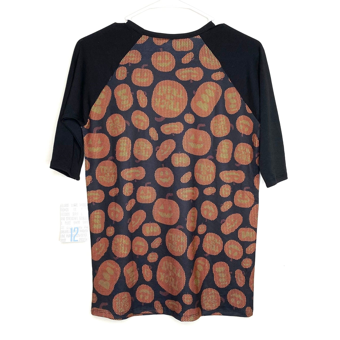 LuLaRoe Kids Unisex 12 Orange/Black Sloan Jack-O-Lanterns Raglan T-Shirt 3/4 Sleeves NWT